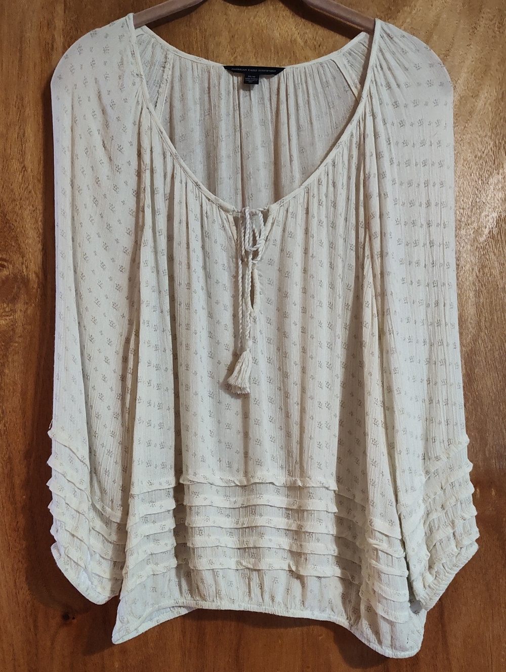 American Eagle Pintuck Peasant Blouse Cream Tan Tassels Blouson Sleeves Size M